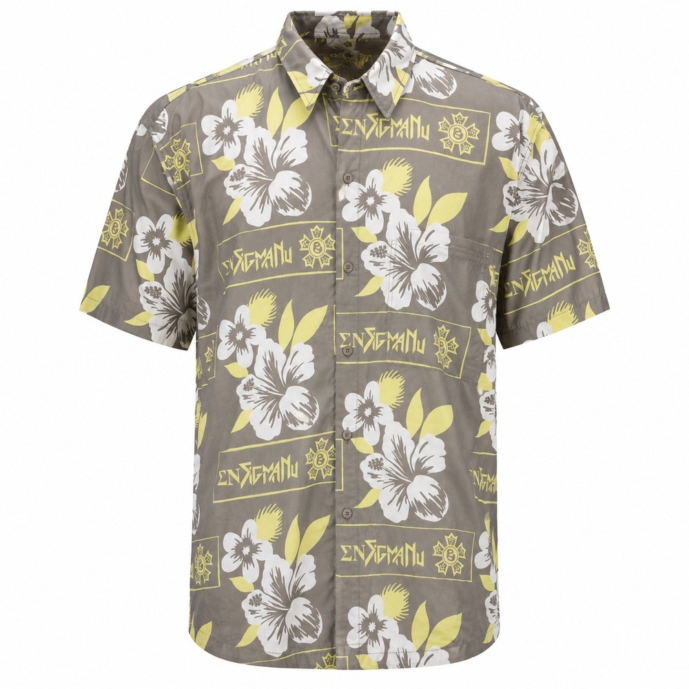 Wet Dog Mens Large Floral Button Up Shirt Yellow Gray White Hibiscus Cotton